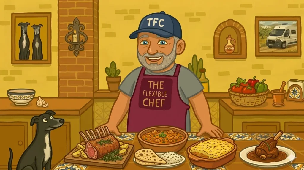 Lamb and goat recipes — The Flexible Chef presenting a spread of lamb and goat dishes in a Spanish kitchen with Issy the greyhound