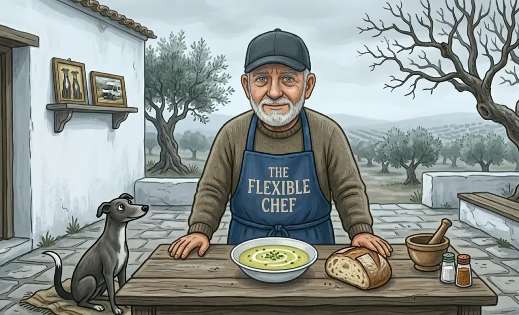 Leek and potato soup in a white bowl with a cream swirl, served with sourdough bread on a rustic outdoor table in Andalucía.