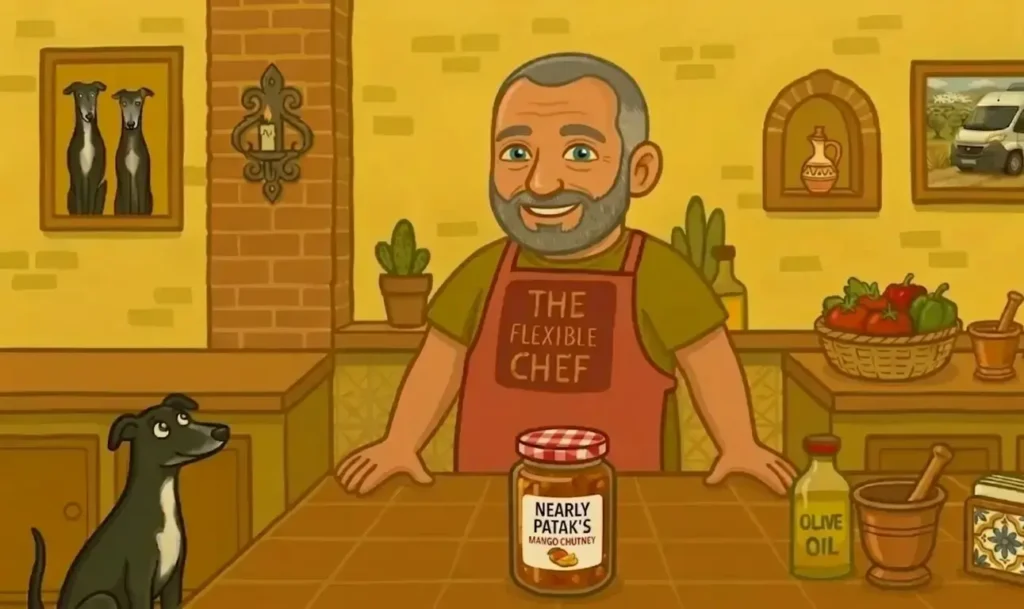 Homemade mango chutney — a jar of Nearly Patak's in a Spanish kitchen with Issy the greyhound