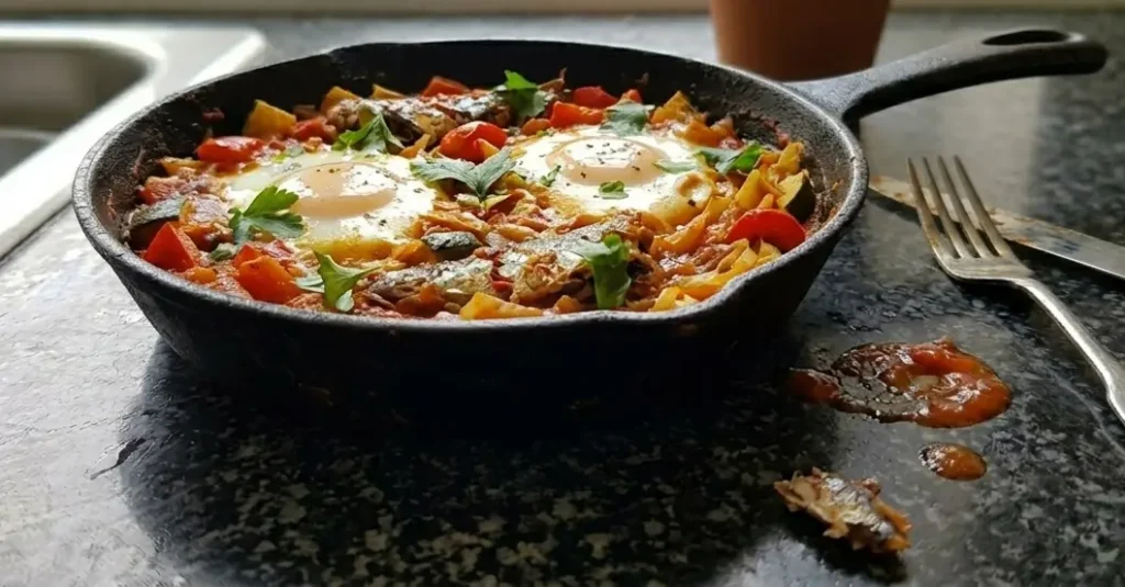 Casa Adora sardine skillet recipe — baked eggs in tomato and vegetable sauce with tinned sardines in a cast iron pan