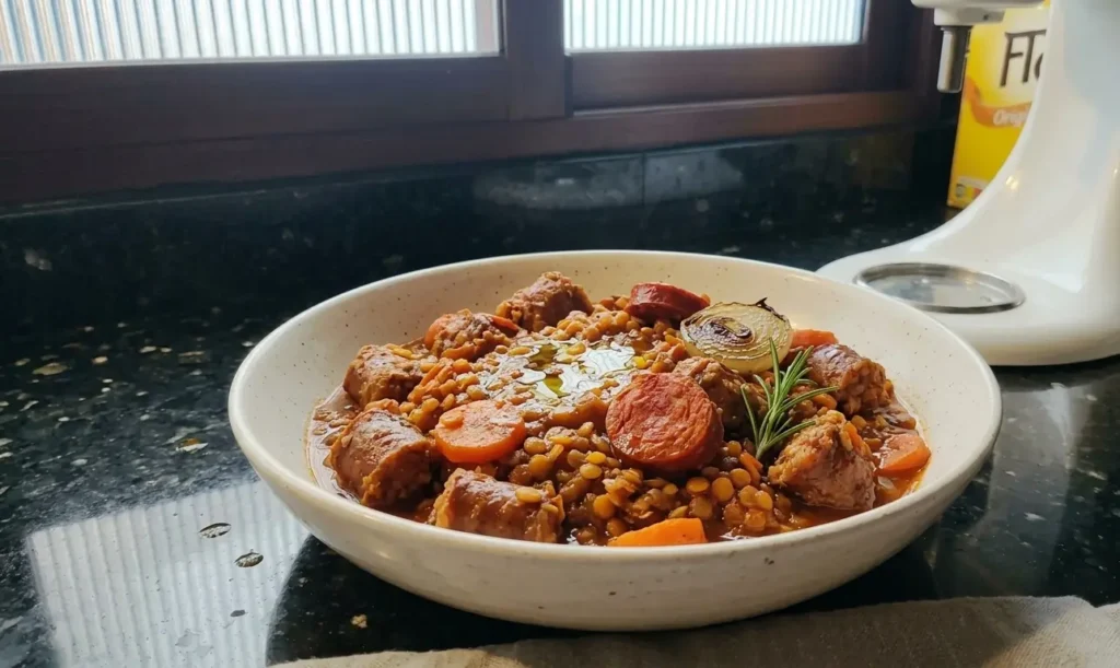 Sausage and lentil casserole with chorizo, red lentils, carrot and rosemary in a white bowl — Casa Adora