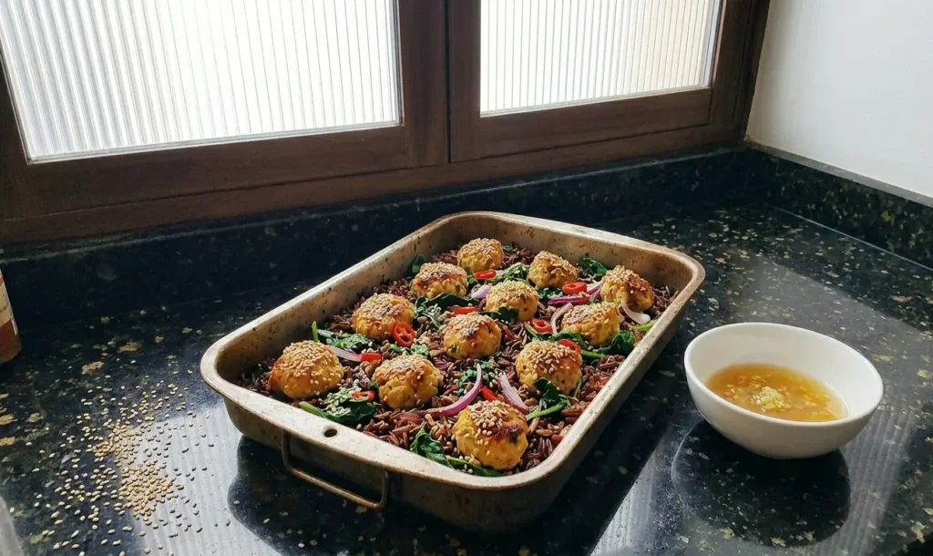 Sesame and ginger chicken meatballs on Camargue red wild rice with spinach, red chilli and ginger dressing โ Casa Adora