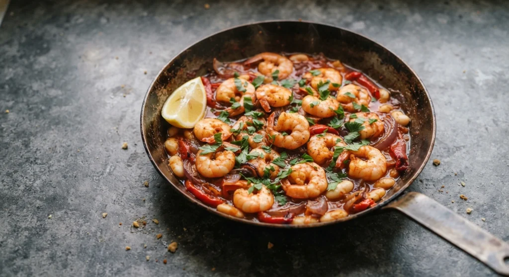 Smoked paprika prawns with white beans in a frying pan — a van kitchen recipe from The Flexible Chef