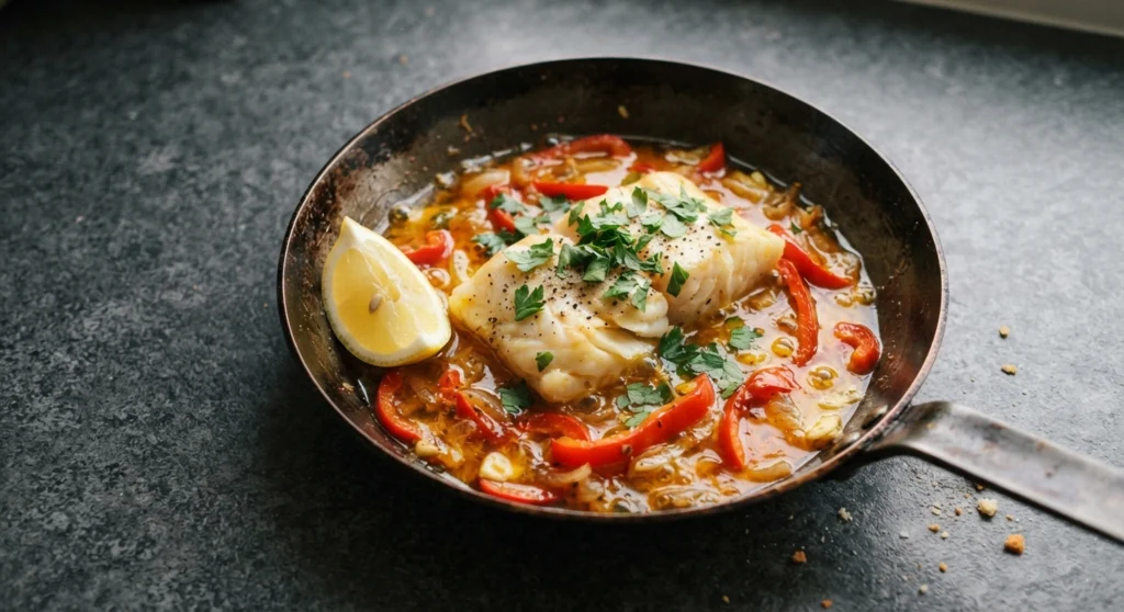 Spanish-style cod with peppers and olive oil broth — a van kitchen recipe from The Flexible Chef