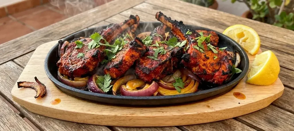 Tandoori lamb chops on a cast-iron sizzler plate with caramelised onions, fresh coriander and lemon wedges on an outdoor terrace at Casa Adora