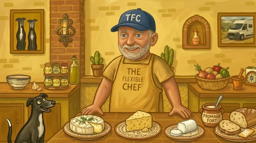 The Flexible Chef in a golden yellow apron with a selection of cheeses at Casa Adora — cheese recipes hub