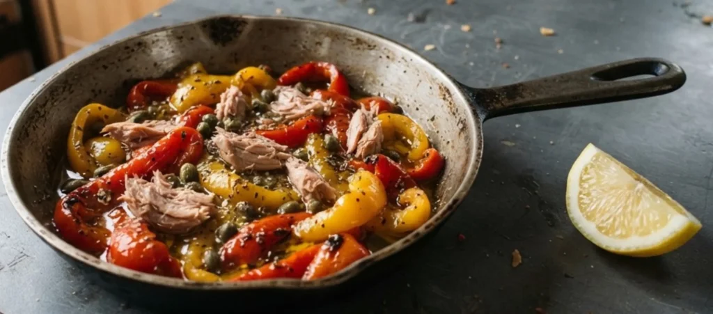 Tinned tuna recipe — braised peppers and capers in a cast iron skillet, van kitchen