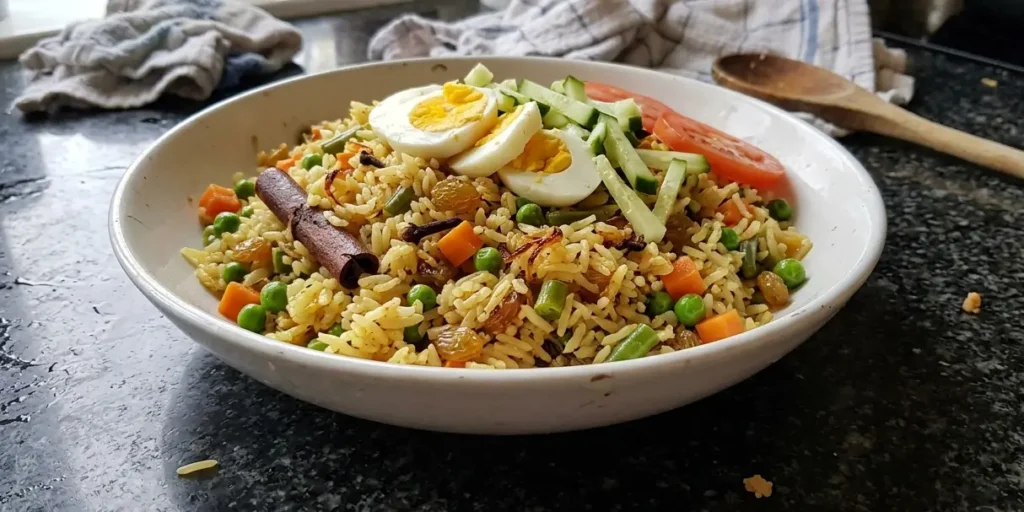Authentic 1960s vegetable pilau rice recipe with hard-boiled egg, cucumber matchsticks and tomato — The Flexible Chef