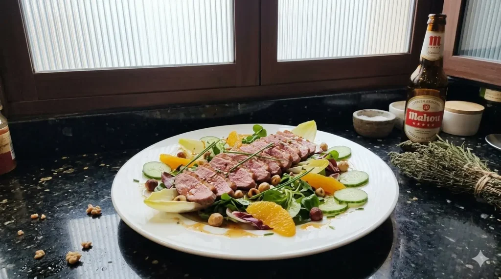 Warm duck breast salad with orange segments, toasted hazelnuts, cucumber and bitter leaves on a white plate — Casa Adora