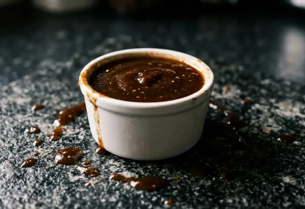 Homemade A.1.-style steak sauce in a white ramekin on a black speckled granite worktop — Casa Adora