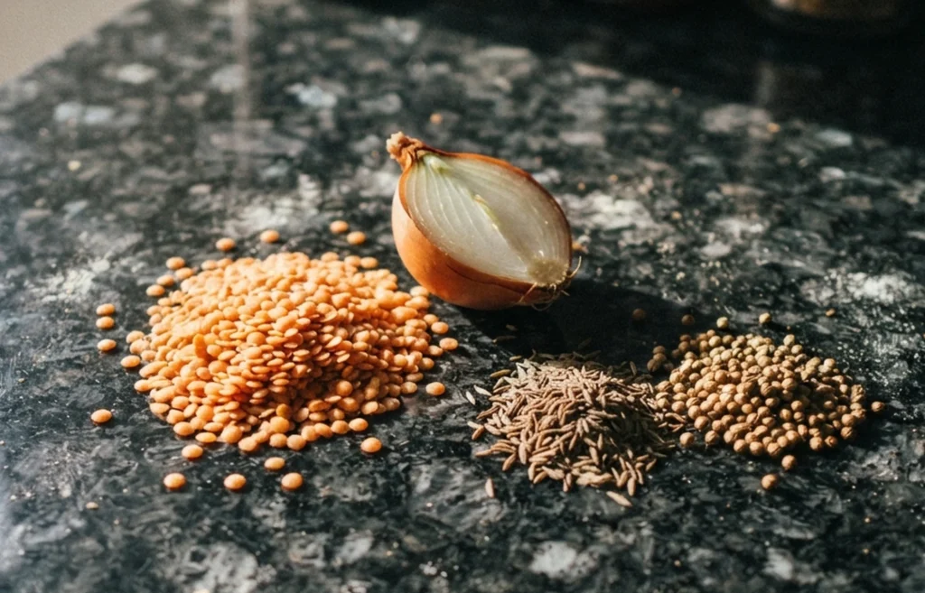 Red lentils, halved onion, cumin seeds and coriander seeds on a black granite worktop — ancient Egyptian food