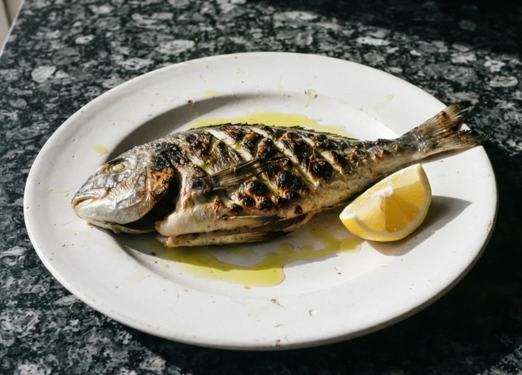 Grilled whole dorada with olive oil and lemon on a white plate on black granite — ancient Greek grilled fish with herbs