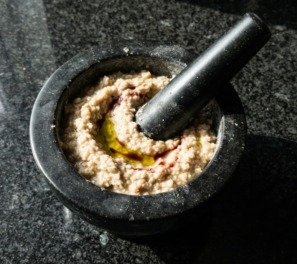 Ancient Greek skordalia-style barley purée with olive oil and red wine vinegar in a black granite mortar and pestle