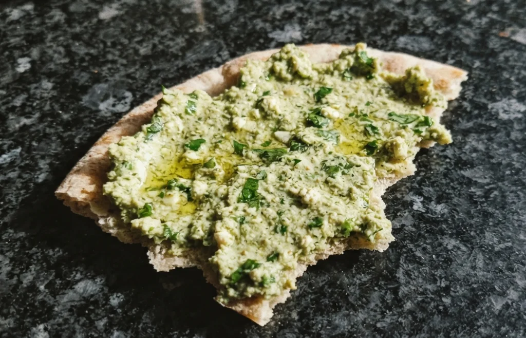 Ancient Roman moretum herb and cheese paste spread on flatbread on a black granite worktop