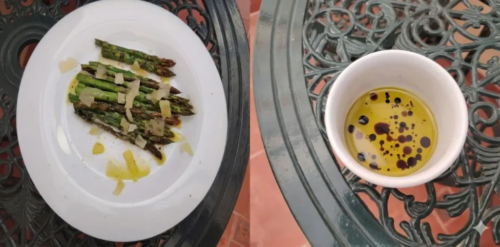 Griddled asparagus with parmesan shavings and aceite verde balsamic dressing