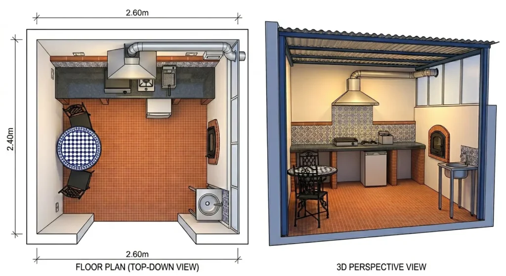 Floor plan and 3D perspective of planned outside kitchen at Casa Adora, Andalucía