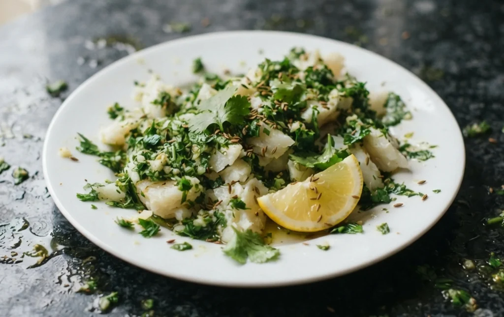 Ancient Egyptian recipes — salt cod with herb dressing of parsley, coriander and cumin on a white plate on a black granite worktop