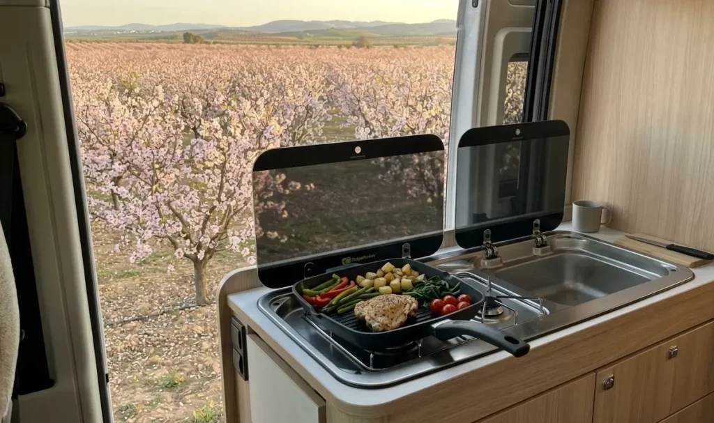 RidgeMonkey campervan cooking recipes — Mediterranean chicken and vegetables on a two-ring gas hob with almond blossom orchard view