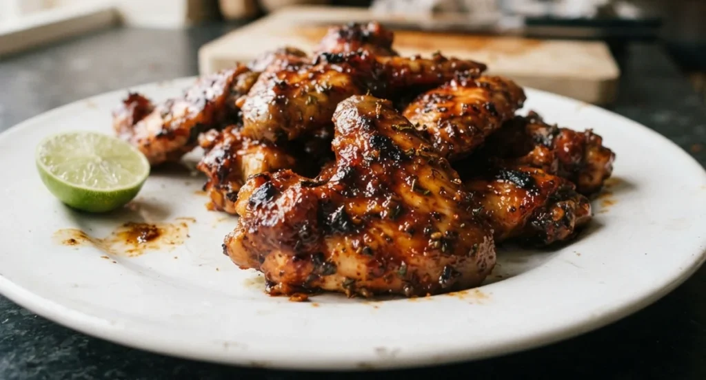 Fish sauce chicken wings with chilli and pineapple on a white plate with a lime half