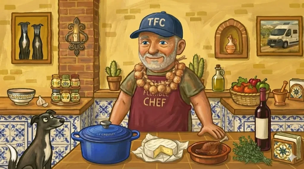 The Flexible Chef in a Bordeaux red apron and string of onions, with a Marseilles blue Le Creuset, Camembert, duck leg confit, and thyme — French recipes hub illustration