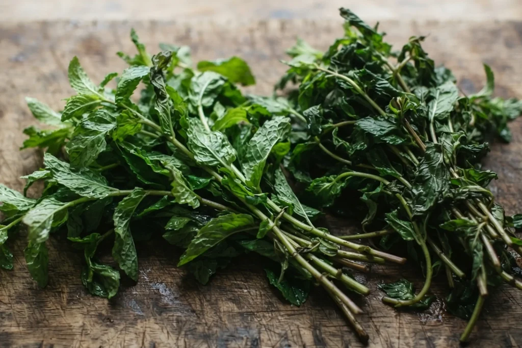 Two bunches of fresh mint on a wooden chopping board — fresh mint jelly recipe