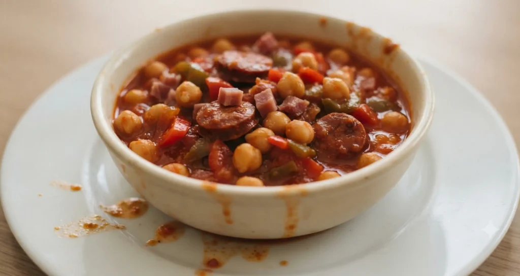 Garbanzos a la Riojana — Spanish chickpea and chorizo stew in a rustic bowl with sauce splashes on the plate