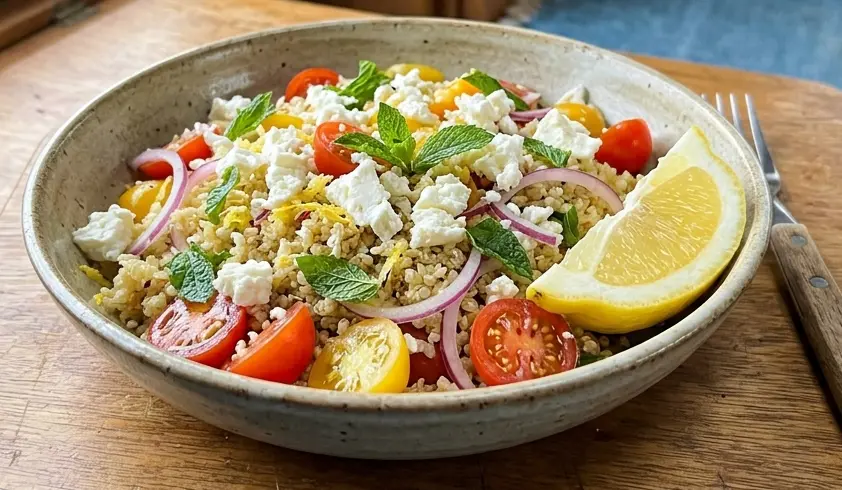 Lemon quinoa van lunch with feta, cherry tomatoes and pepino — no cook campervan cooking recipe