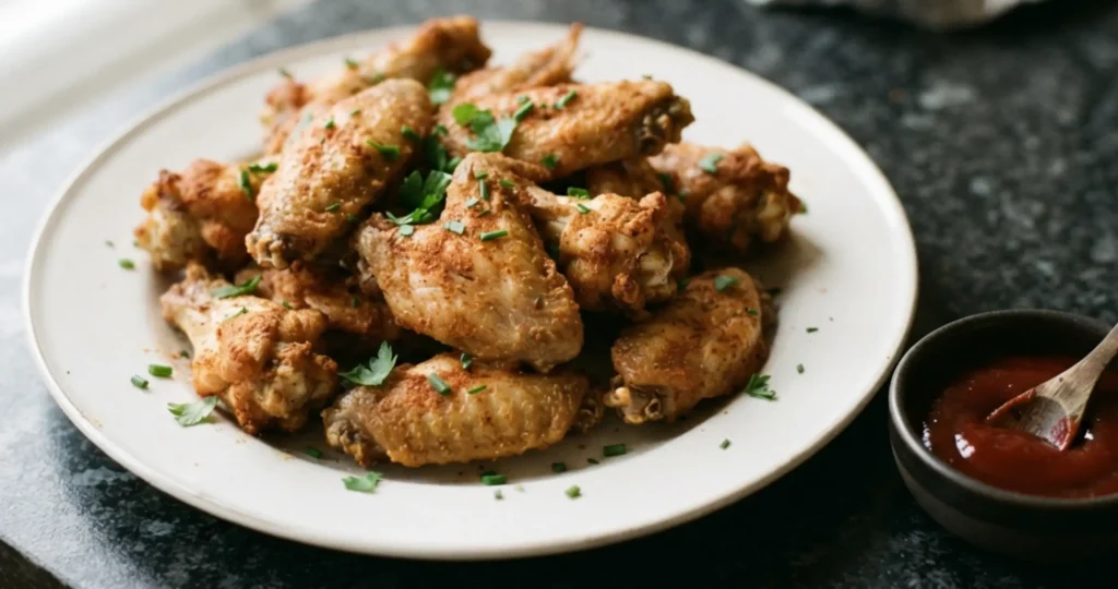 Mary Berry sriracha chicken wings on a white plate with dipping sauce — The Flexible Chef