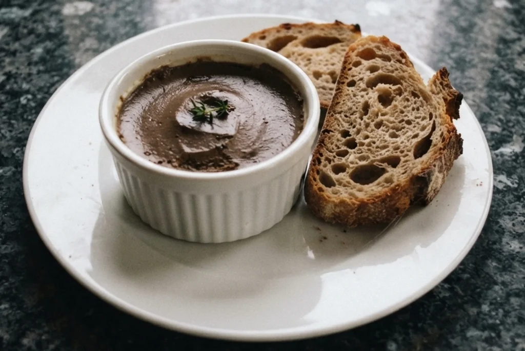 Mushroom walnut pâté in a white ramekin with crusty bread on a black granite worktop — The Flexible Chef