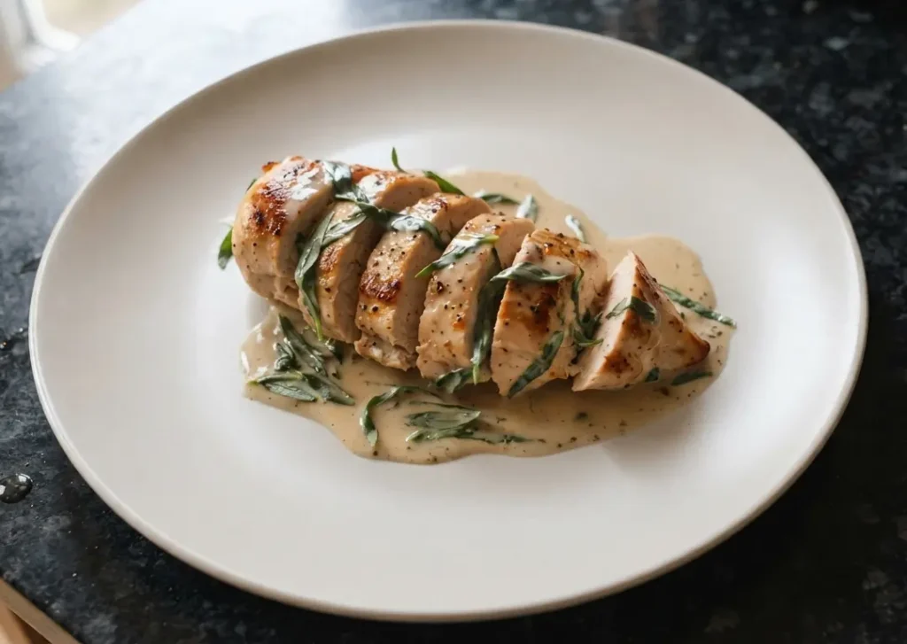 Sliced chicken breast with cream and tarragon sauce on a white plate, black speckled granite worktop