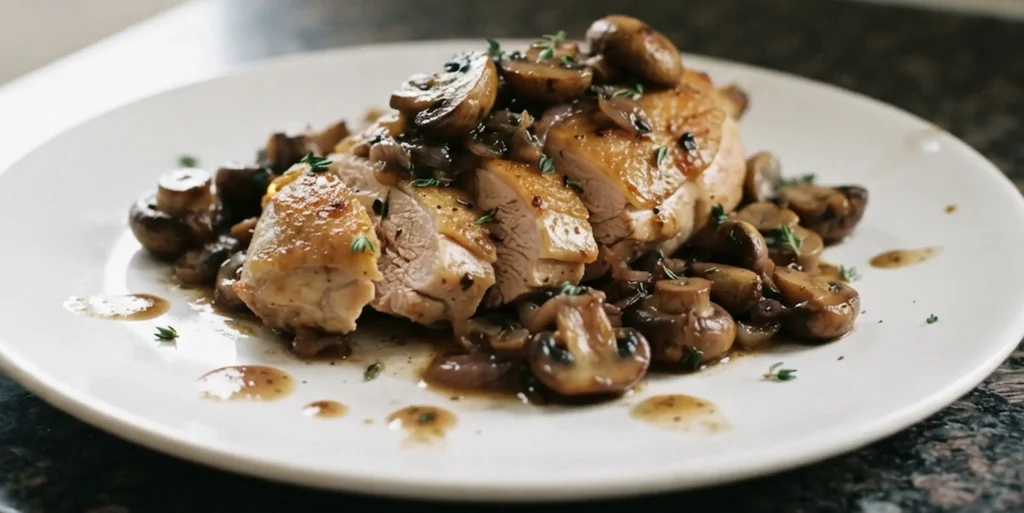 Pan fried guinea fowl breast sliced and served with chestnut mushrooms in a white wine and thyme sauce, on a white plate on a black speckled granite worktop