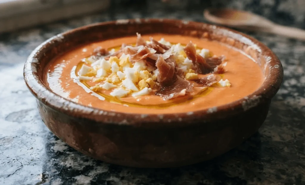 Porra antequerana in a rustic terracotta bowl, topped with chopped hard-boiled egg and Serrano ham, drizzled with olive oil, on a black speckled granite worktop