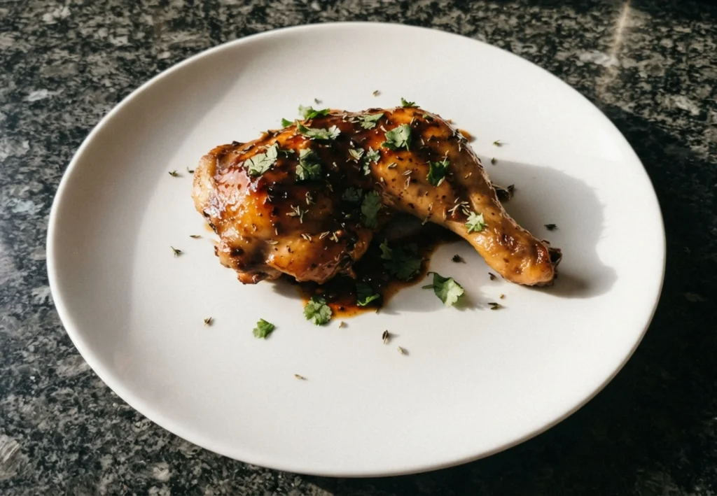 Pullum Frontonianum Roman braised chicken quarter with dark glossy sauce, coriander and thyme on a white plate