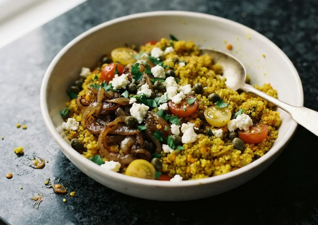 Mediterranean lentil quinoa skillet in a white bowl with caramelised onions, cherry tomatoes, capers and crumbled feta