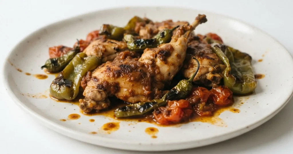 Rabbit pieces with green peppers, chillies and tomatoes on a white plate, sauce splashed around the meat, close-up on a white background
