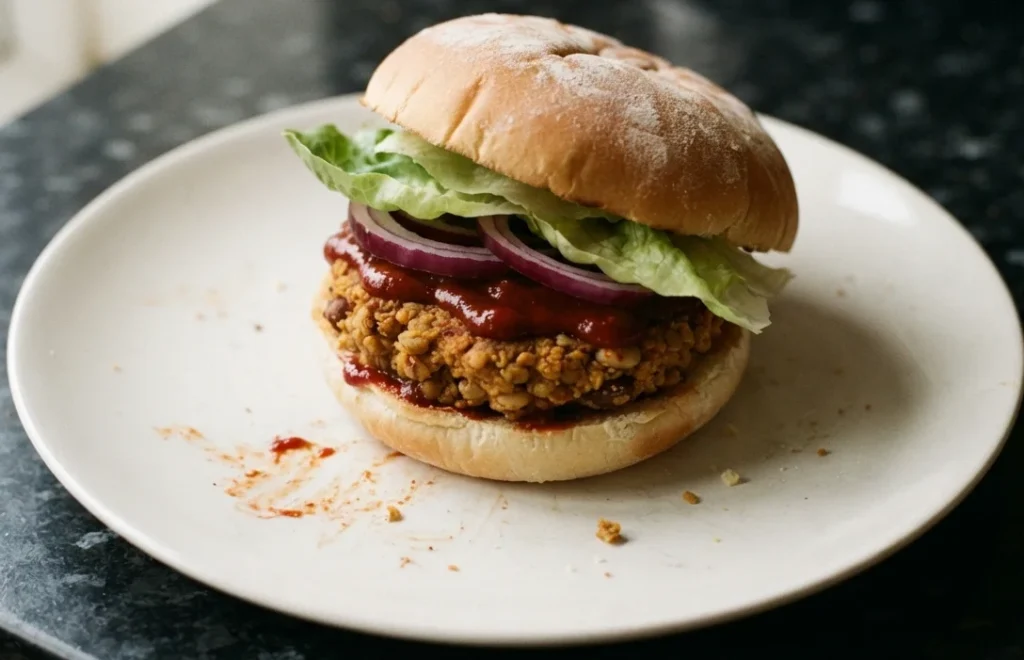 Homemade red lentil and white bean burger on a white plate with red onion, lettuce and fermented hot sauce
