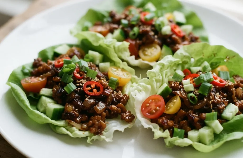 Spicy pork lettuce wraps on a white plate — sticky pork mince with chilli, cherry tomatoes and pepino