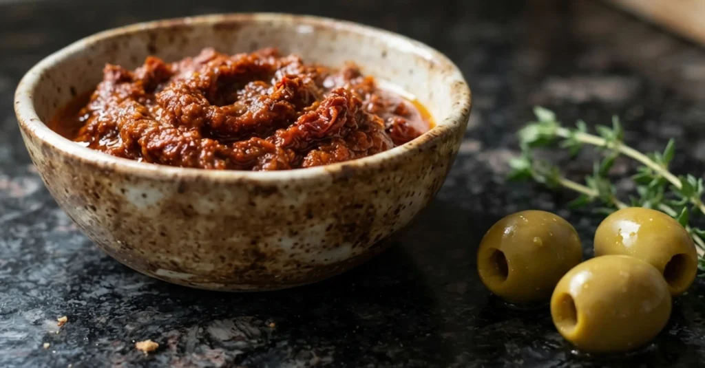 Sun-dried tomato sauce with olives and thyme in a rustic speckled ceramic bowl, with green olives and a sprig of thyme alongside, on a black speckled granite worktop