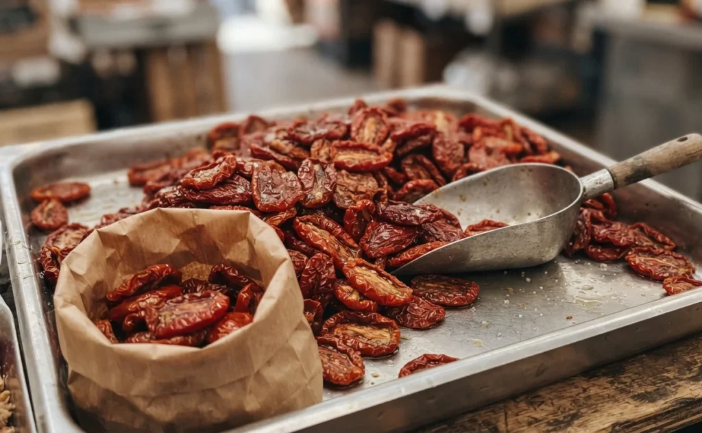 Loose sun-dried tomatoes on a stainless steel market tray with a paper bag and metal scoop — Spanish market produce