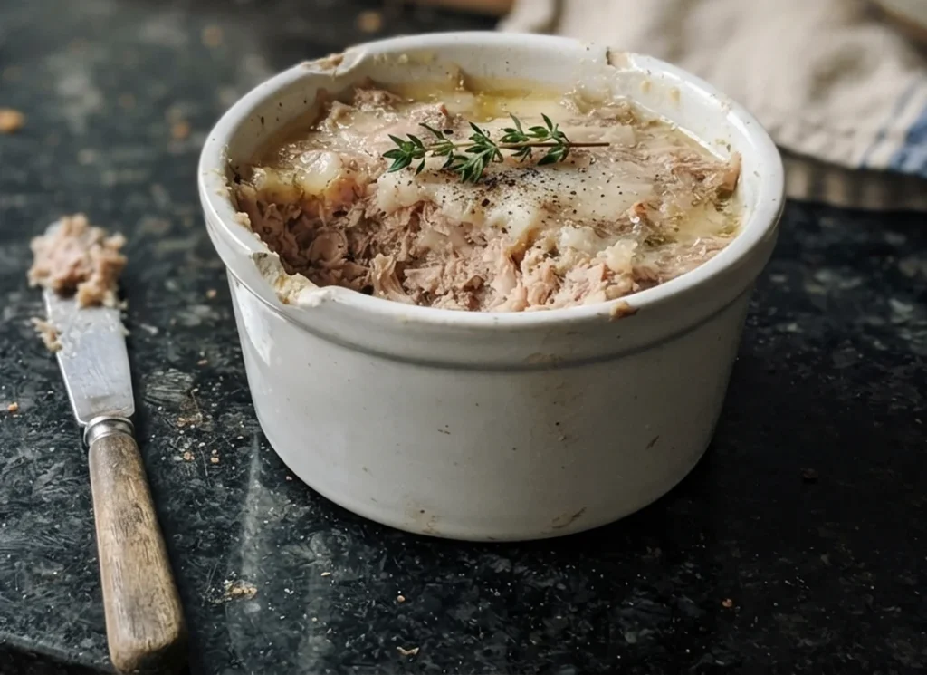 Turkey rillettes in a white ramekin on a dark granite worktop, with a sprig of fresh thyme and a vintage butter knife alongside