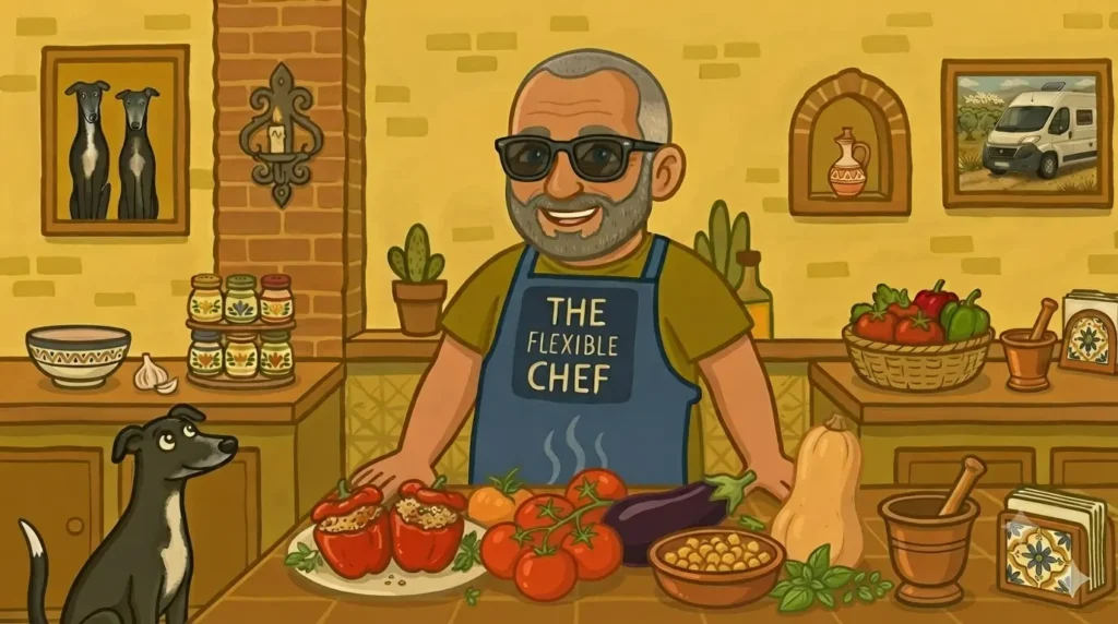 Illustrated Flexible Chef and his greyhound surrounded by vegetable, fruit and pulses recipes ingredients — stuffed peppers, tomatoes, aubergine, chickpeas and butternut squash