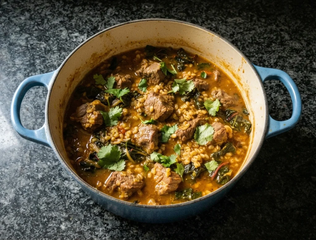 Ancient Mesopotamian lamb stew tuh'u with pearl barley and chard in a Marseilles blue cast iron pot