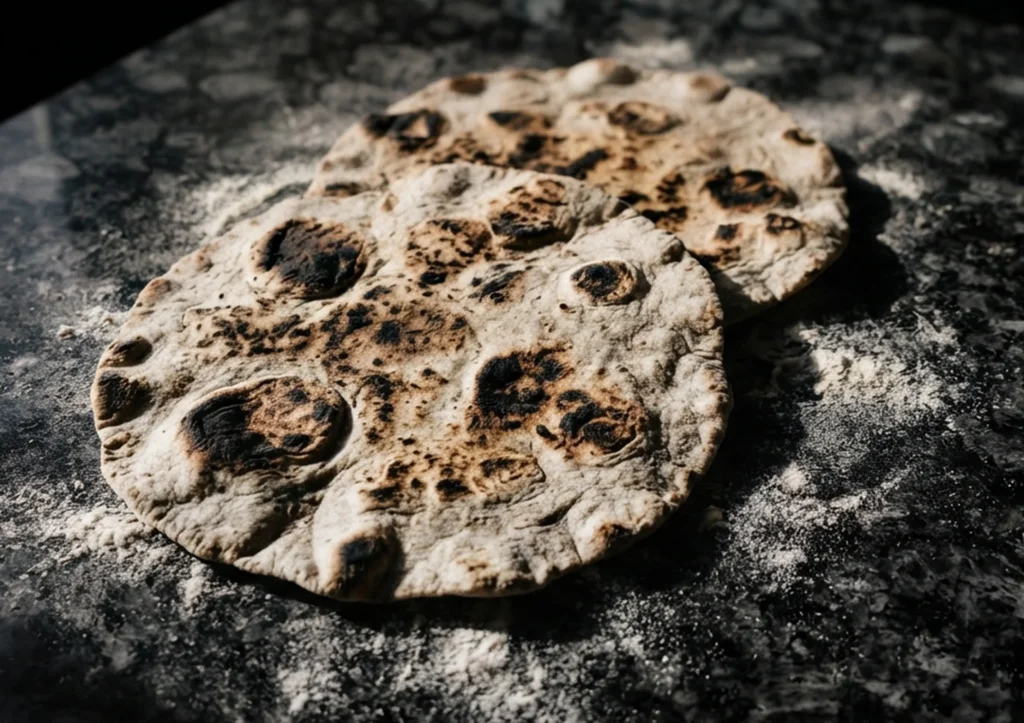 Ancient spelt flatbread recipe — two charred flatbreads with flour dusting on black granite worktop