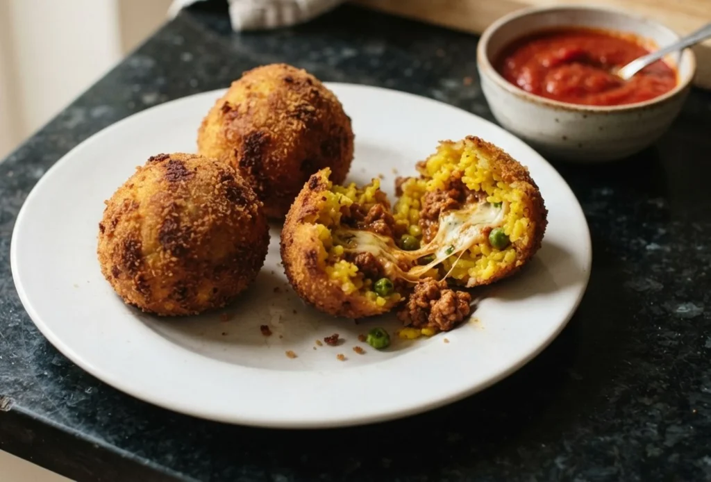 Three golden arancini on a white ceramic plate on a black speckled granite worktop, one broken open to show saffron rice, beef ragù and melted mozzarella — The Flexible Chef