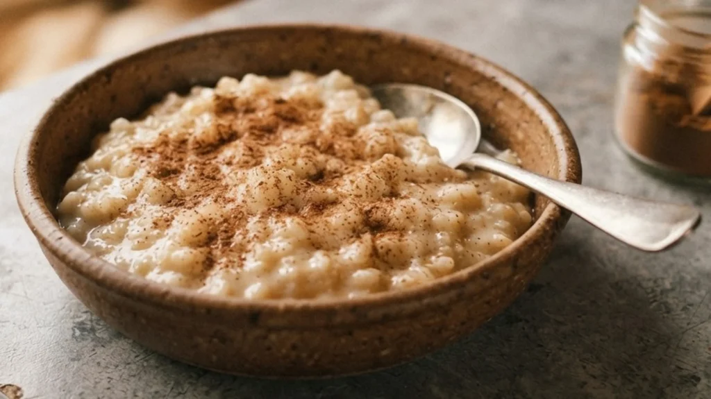 Arroz con leche in a brown ceramic bowl on a grey campervan worktop, dusted with ground cinnamon — arroz con leche recipe — The Flexible Chef