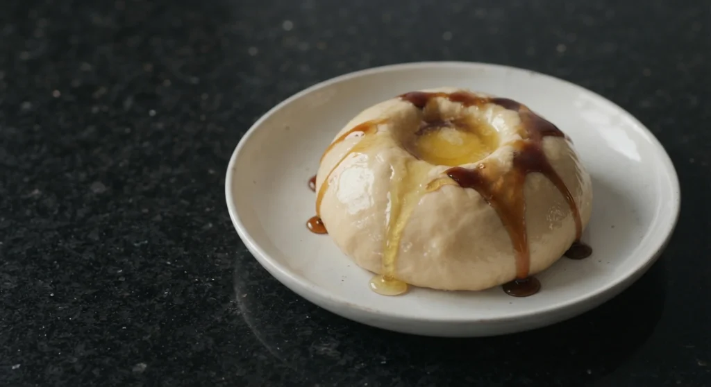 Asida bil-asal — Libyan wheat dough dome with honey and ghee on a white ceramic plate on a black granite worktop