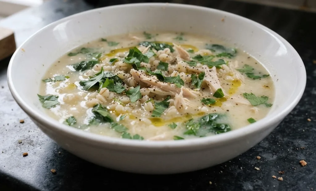 Avgolemono recipe — silky Greek egg and lemon soup with pearl barley, shredded chicken and flat-leaf parsley in a white bowl on a dark granite worktop