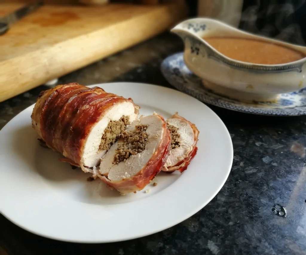 Balmoral chicken sliced to show haggis stuffing, wrapped in crispy jamon on a white plate, with Agnes Isabella's Idris pattern gravy boat filled with chicken gravy — Casa Adora