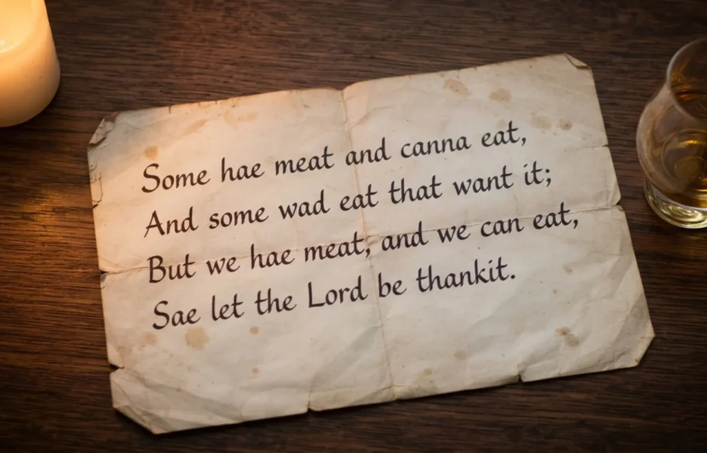 The Selkirk Grace handwritten on aged paper by candlelight with a glass of whisky — Burns Night — The Flexible Chef