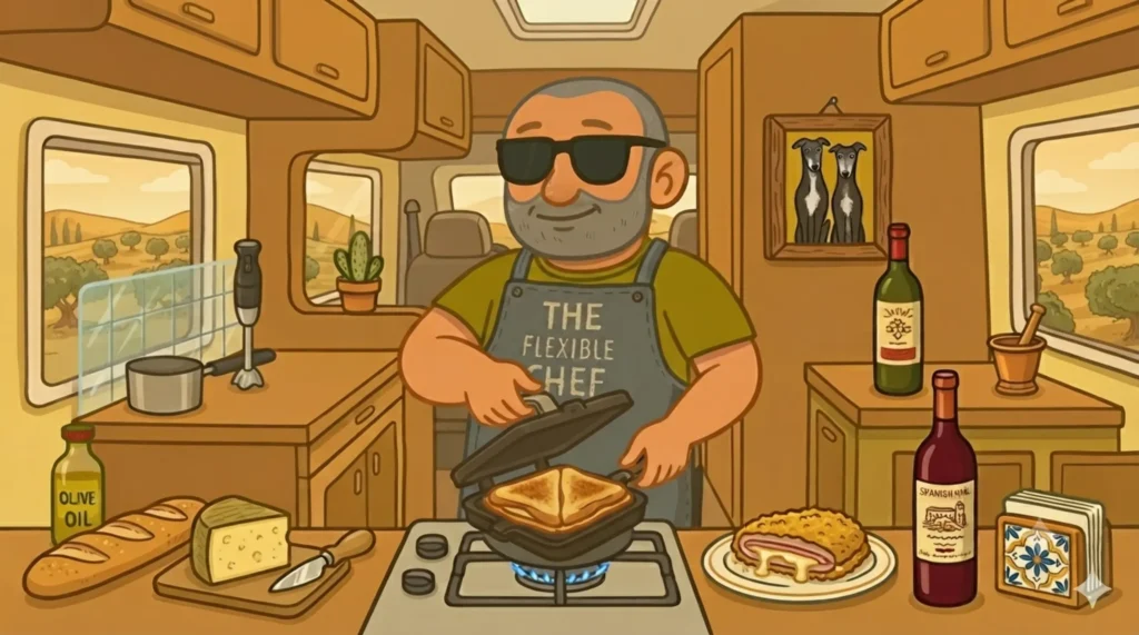 The Flexible Chef lifting the lid of a RidgeMonkey on a two-ring gas hob in a Fiat Ducato campervan kitchen